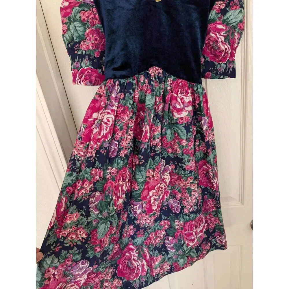 Vintage Kokomo Kids Floral and Velvety Dress - Size 10 - Blue, Pink, Green